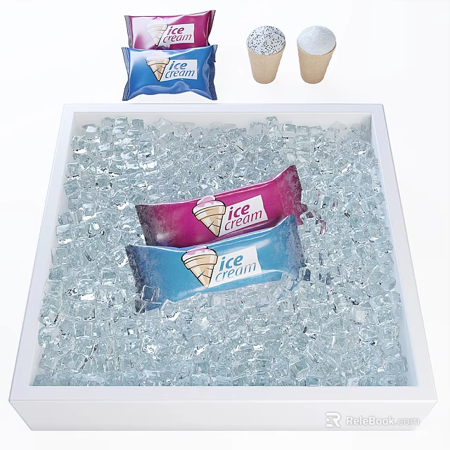 Blue and Pink Ice Cream Packets in Clear Ice Cubes on White Tray 3d model 