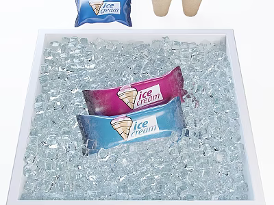Blue and Pink Ice Cream Packets in Clear Ice Cubes on White Tray 3d model