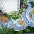 Colorful Children's Play Area with Circular Slide White Railings and Green Plants