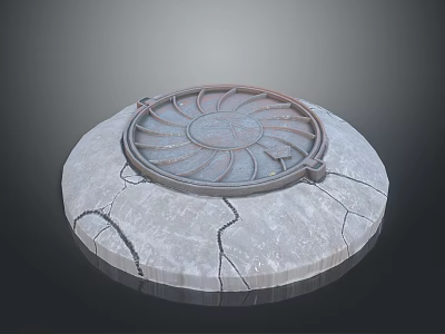 Vintage Circular Manhole Cover With Radial Pattern On Cracked Concrete Base 3d model