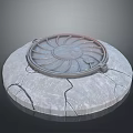 Vintage Circular Manhole Cover With Radial Pattern On Cracked Concrete Base