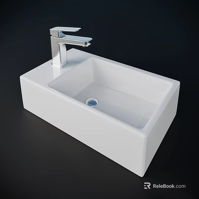 White Square Countertop Washbasin With Chrome Faucet Modern Design 3d model 