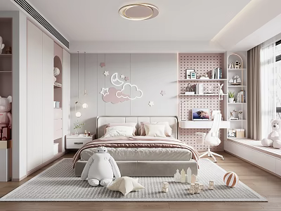 Cozy Modern Kids Bedroom With Cloud Wall Decals Bed Desk Bookshelves And Stuffed Toys 3d model
