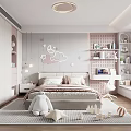 Cozy Modern Kids Bedroom With Cloud Wall Decals Bed Desk Bookshelves And Stuffed Toys