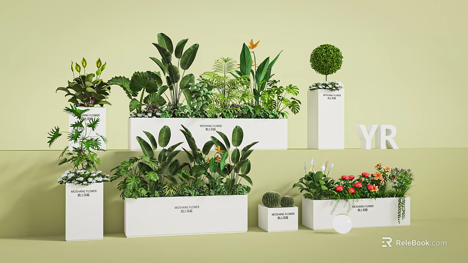 Various Green Plant Combinations In White Planters With Flowers And Foliage 3d model 
