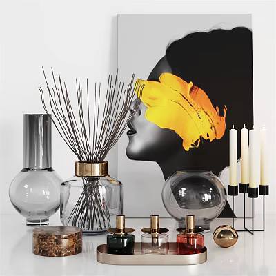 Decorative Ornament Set with Glass Vases Reed Diffusers Candles Perfume Bottles and Metallic Accents 3d model