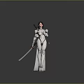White Armored Female Warrior Character Wielding Dual Swords on Gravel Ground