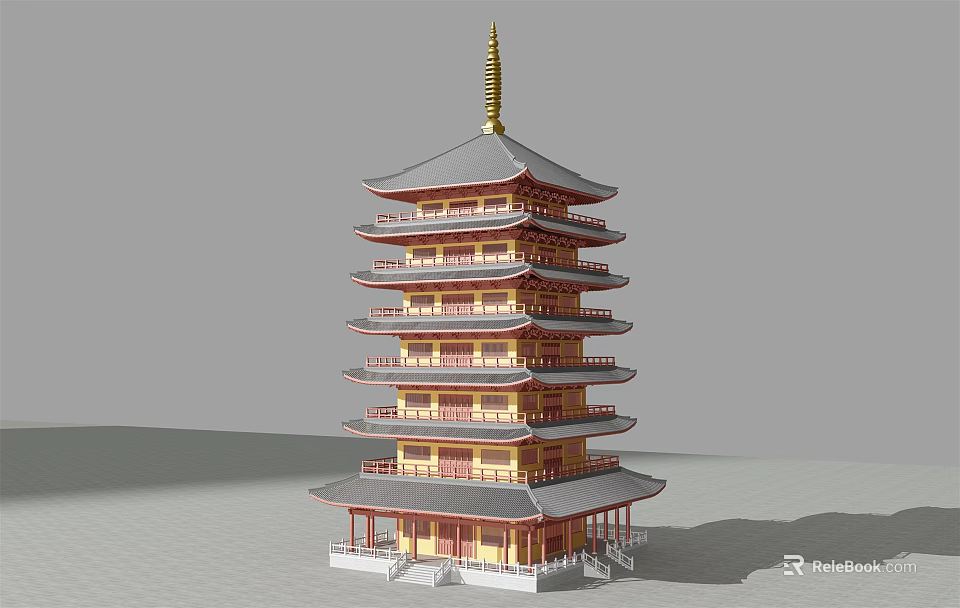 Traditional Chinese Ancient Pagoda With Multi Storey Structure And Golden Spire 3d model 