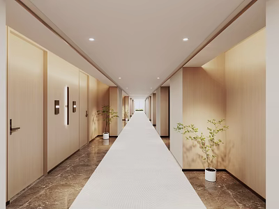 Modern Hotel Corridor With Wooden Walls Carpeted Floor Ceiling Lights And Potted Plants 3d model