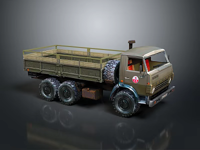 Vintage Olive Green Military Truck With Six Wheels And Open Railed Cargo Bed 3d model