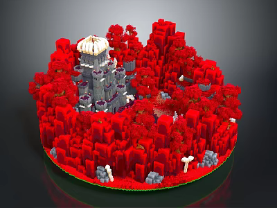3D Pixel Art Scene With Red Blocks Gray Tower And White Rock Structures 3d model