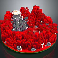 3D Pixel Art Scene With Red Blocks Gray Tower And White Rock Structures