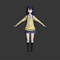 3D Anime Game Character With Blue Black Long Hair Yellow Sweater And Blue Pleated Skirt