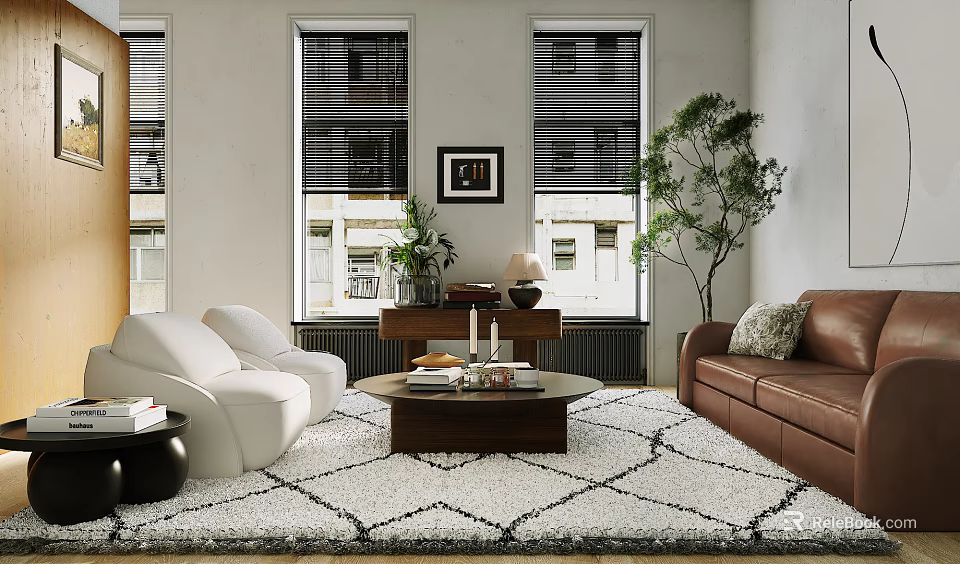 Stylish Living Room Interior with Windows Blinds White Brown Leather Sofas Coffee Table Patterned Rug 3d model