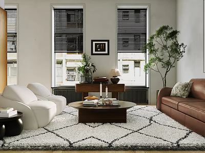 Stylish Living Room Interior with Windows Blinds White Brown Leather Sofas Coffee Table Patterned Rug 3d model