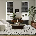 Stylish Living Room Interior with Windows Blinds White Brown Leather Sofas Coffee Table Patterned Rug 3d model