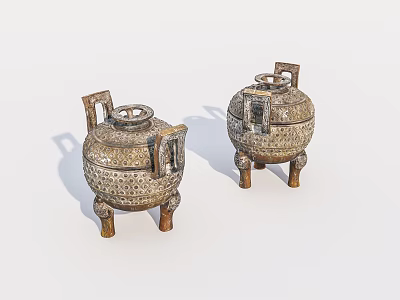 Two Piece Vintage Decorative Ornament Set With Three Legged Lidded Patterned Design 3d model