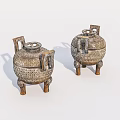 Two Piece Vintage Decorative Ornament Set With Three Legged Lidded Patterned Design 3d model