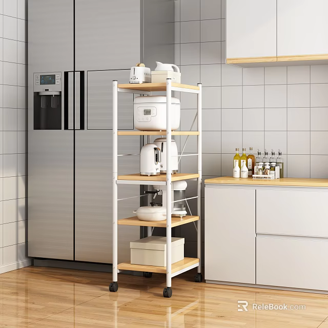 Multi tiered White Wooden Kitchen Shelf Unit Storing Appliances In Modern Kitchen Next To Refrigerator 3d model 