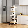 Multi tiered White Wooden Kitchen Shelf Unit Storing Appliances In Modern Kitchen Next To Refrigerator