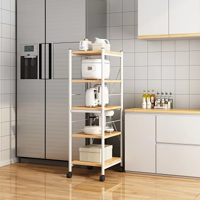 Multi tiered White Wooden Kitchen Shelf Unit Storing Appliances In Modern Kitchen Next To Refrigerator 3d model
