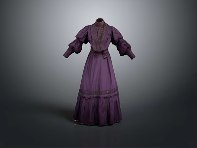 Vintage Purple Long Dress With Elegant Lace Details And Long Sleeves Design 3d model