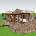 Rustic Wooden Bungalow Featuring Spacious Terrace Railing Outdoor Tables Chairs And Waterfront Green Lawn