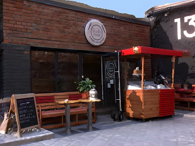 Red Brick Cafe Exterior With Circular Sign Wooden Bench Table And Red Canopy Cart 3d model