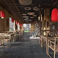 Traditional Chinese Restaurant Interior Featuring Bamboo Tables Chairs Red Lanterns Round Mirrors And Clay Pots