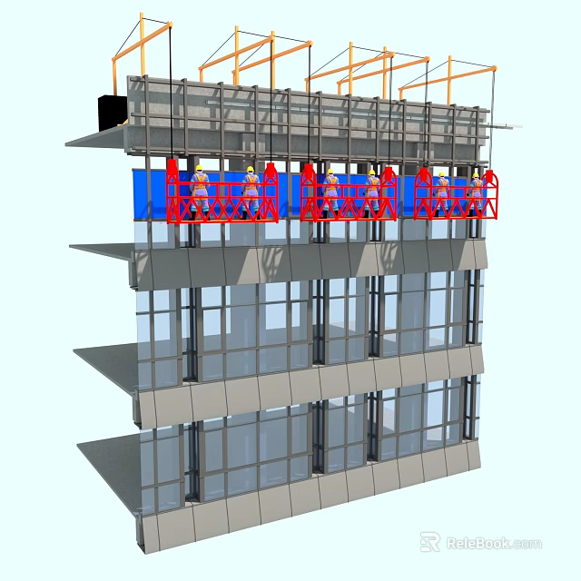 Building Construction Components With Scaffolding Glass Windows Framework And Workers 3d model 