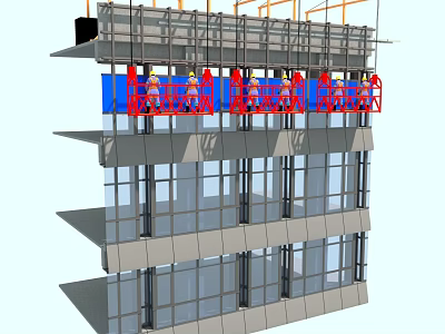 Building Construction Components With Scaffolding Glass Windows Framework And Workers 3d model