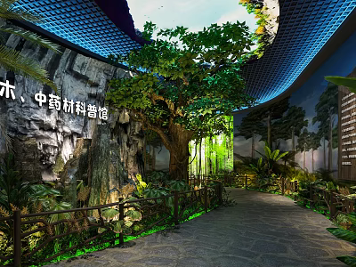 Natural Chinese Herbal Medicine Popular Science Museum Interior With Large Tree Green Plants And Pathway 3d model
