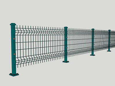 Building Exterior Wall With Green Metal Grid Fence And Support Posts 3d model