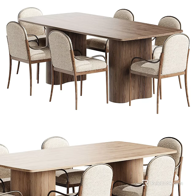 Modern Wooden Dining Table Set With Upholstered Chairs And Solid Base 3d model 