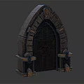 Decorative Medieval Style Stone Arch Featuring Intricate Metal Door And Orange Accents