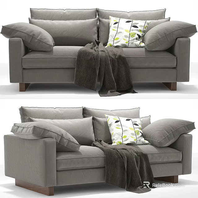 Gray Two Seater Sofa With Green Leaf Pattern Pillows Cozy Blanket And Wooden Legs 3d model 