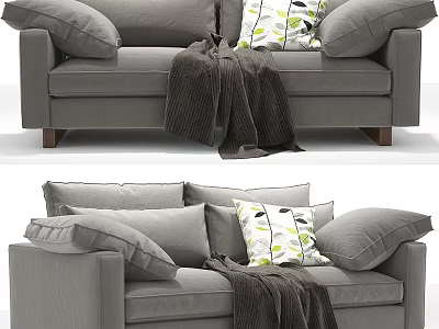 Gray Two Seater Sofa With Green Leaf Pattern Pillows Cozy Blanket And Wooden Legs 3d model