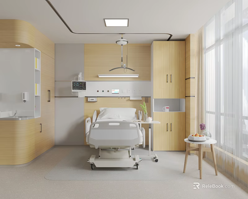 Modern Hospital Outpatient Ward Interior With Medical Bed Wooden Cabinets Window And Small Table 3d model 