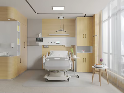 Modern Hospital Outpatient Ward Interior With Medical Bed Wooden Cabinets Window And Small Table 3d model