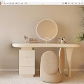 Modern Minimalist Vanity Table With Round Mirror Cosmetics Drawers Chair And Green Plant