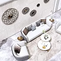 Modern Sofa And Coffee Table Set With Decorative Wall Art Throw Pillows And Rug