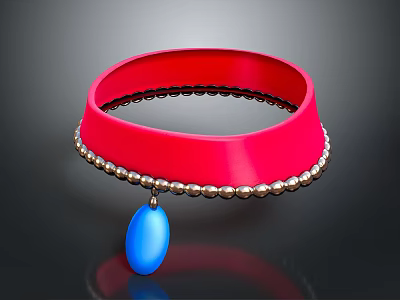Stylish Red Collar Accessory Adorned With Silver Beads And Blue Teardrop Pendant 3d model