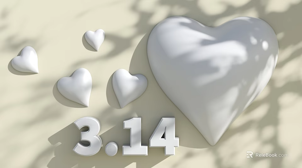 White Heart Shaped Landscape Sculpture with 3.14 Numbers on Light Background 3d model 