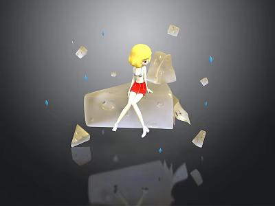 3D Rendered Scene With Blonde Girl On Transparent Ice Platform And Scattered Ice Cubes 3d model