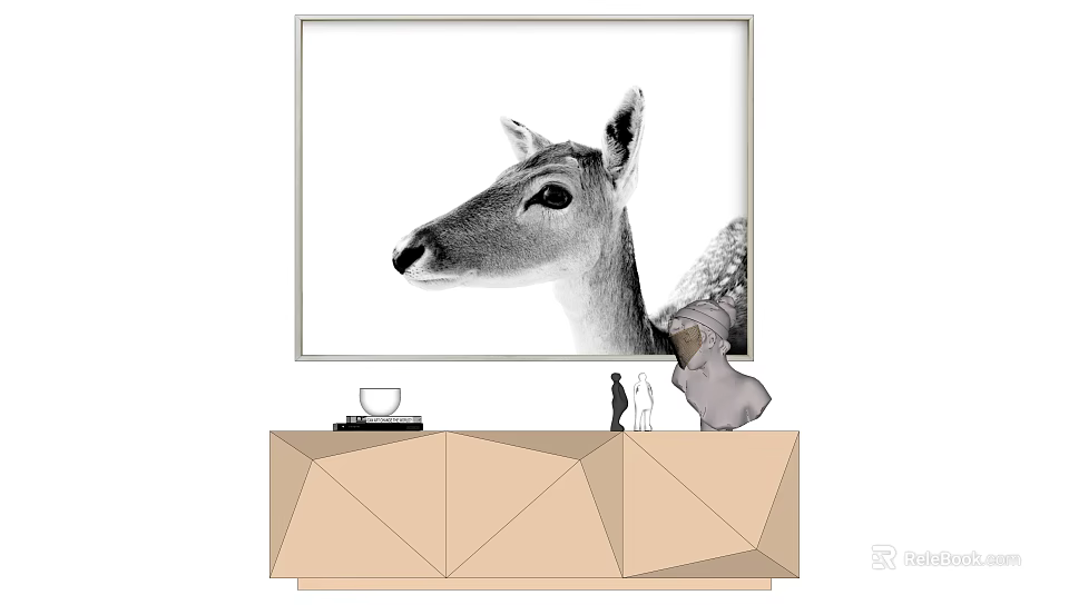 Black and White Deer Head Animal Painting Hanging on Wall with Geometric Cabinet 3d model 