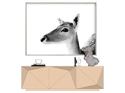 Black and White Deer Head Animal Painting Hanging on Wall with Geometric Cabinet 3d model