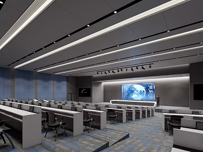 Modern Conference Room Interior With Long Tables Seats Large Screen And Ceiling Lights 3d model