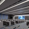 Modern Conference Room Interior With Long Tables Seats Large Screen And Ceiling Lights