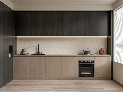 Modern Kitchen Interior Design With Dark Upper Light Lower Wooden Cabinets And Matte Countertop 3d model