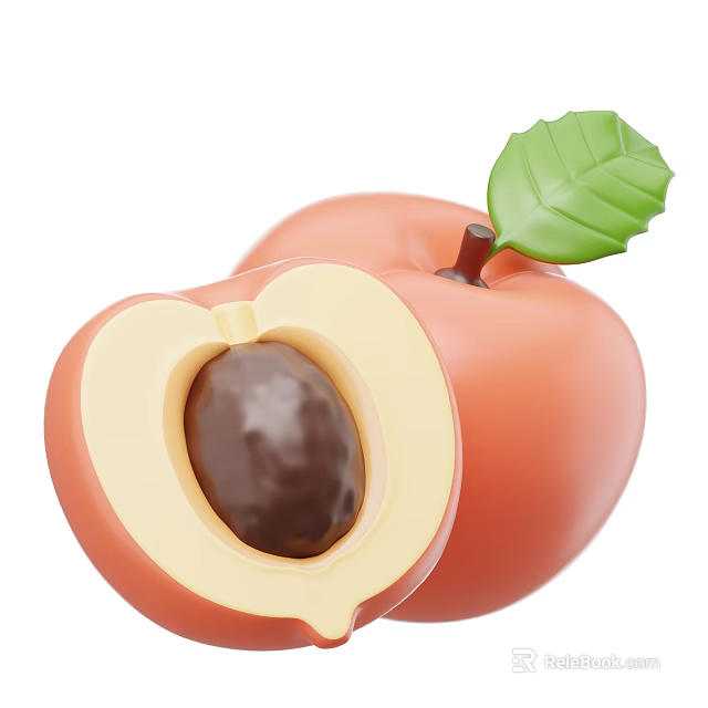 Fresh Sliced and Whole Peach With Green Leaf and Visible Pit 3d model 